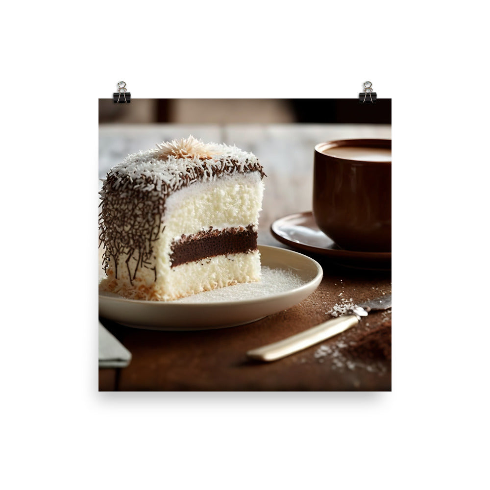 Coconut-covered cake paired with the smooth coffee photo paper poster - Posterfy.AI