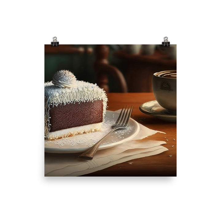 Coconut-covered cake paired with the smooth coffee photo paper poster - Posterfy.AI