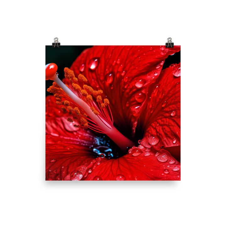 Close-Up of a Red Hibiscus with Dew Drops  photo paper poster - Posterfy.AI