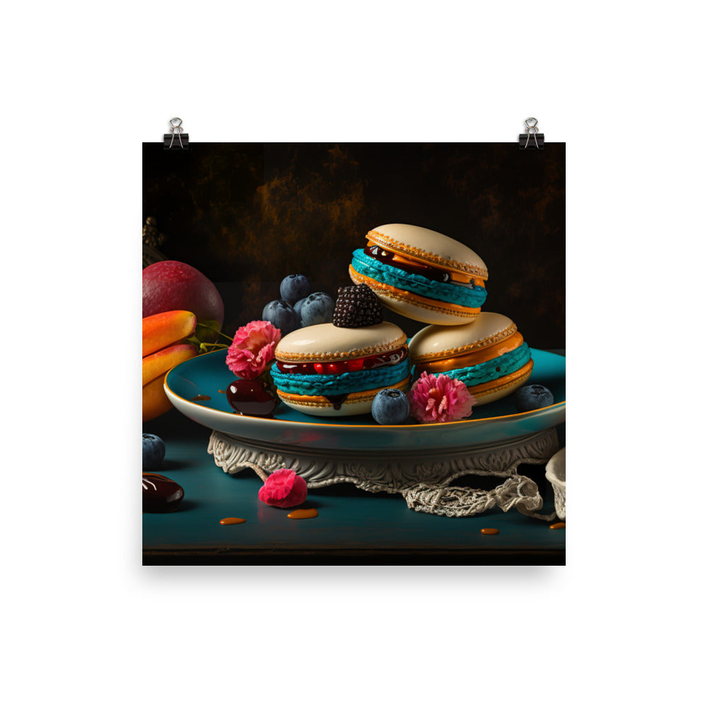 Colorful french macarons on plate photo paper poster - Posterfy.AI