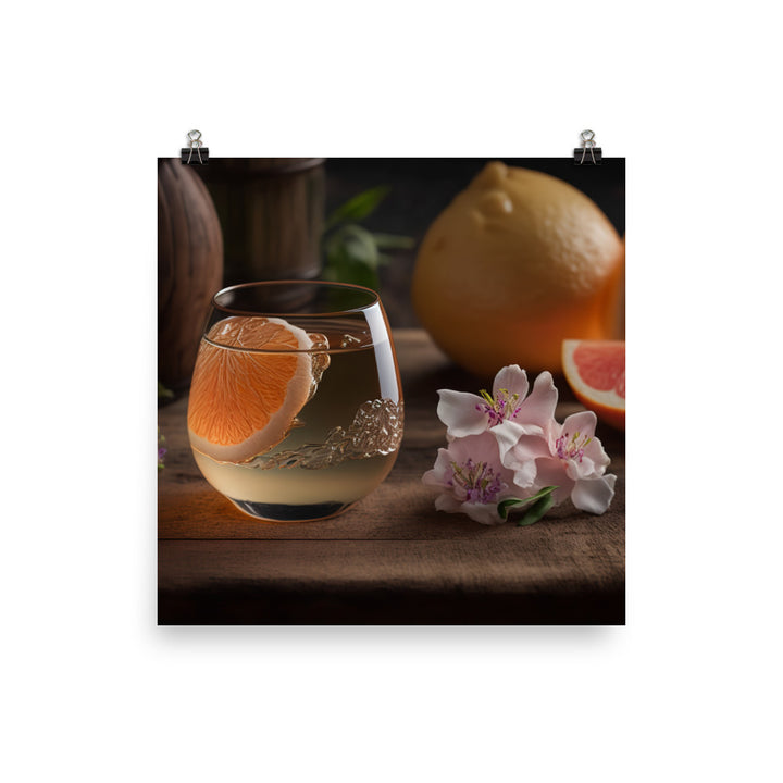 A side view of a clear glass of junmai ginjo sake with a floral aroma photo paper poster - Posterfy.AI