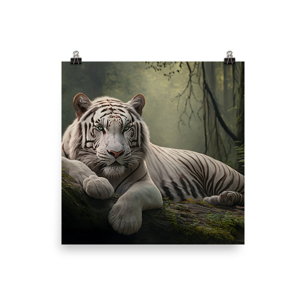 A majestic white tiger resting in a forest photo paper poster - Posterfy.AI