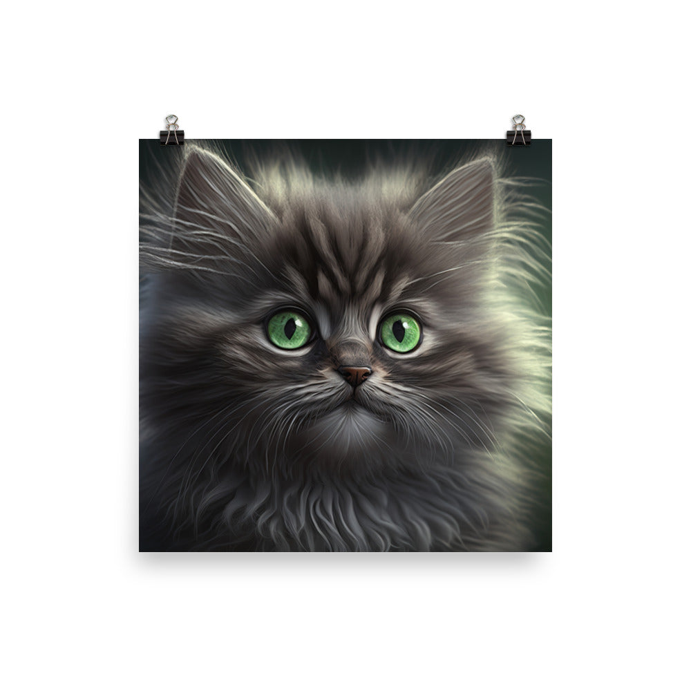 A fluffy gray kitten with bright green eyes photo paper poster - Posterfy.AI