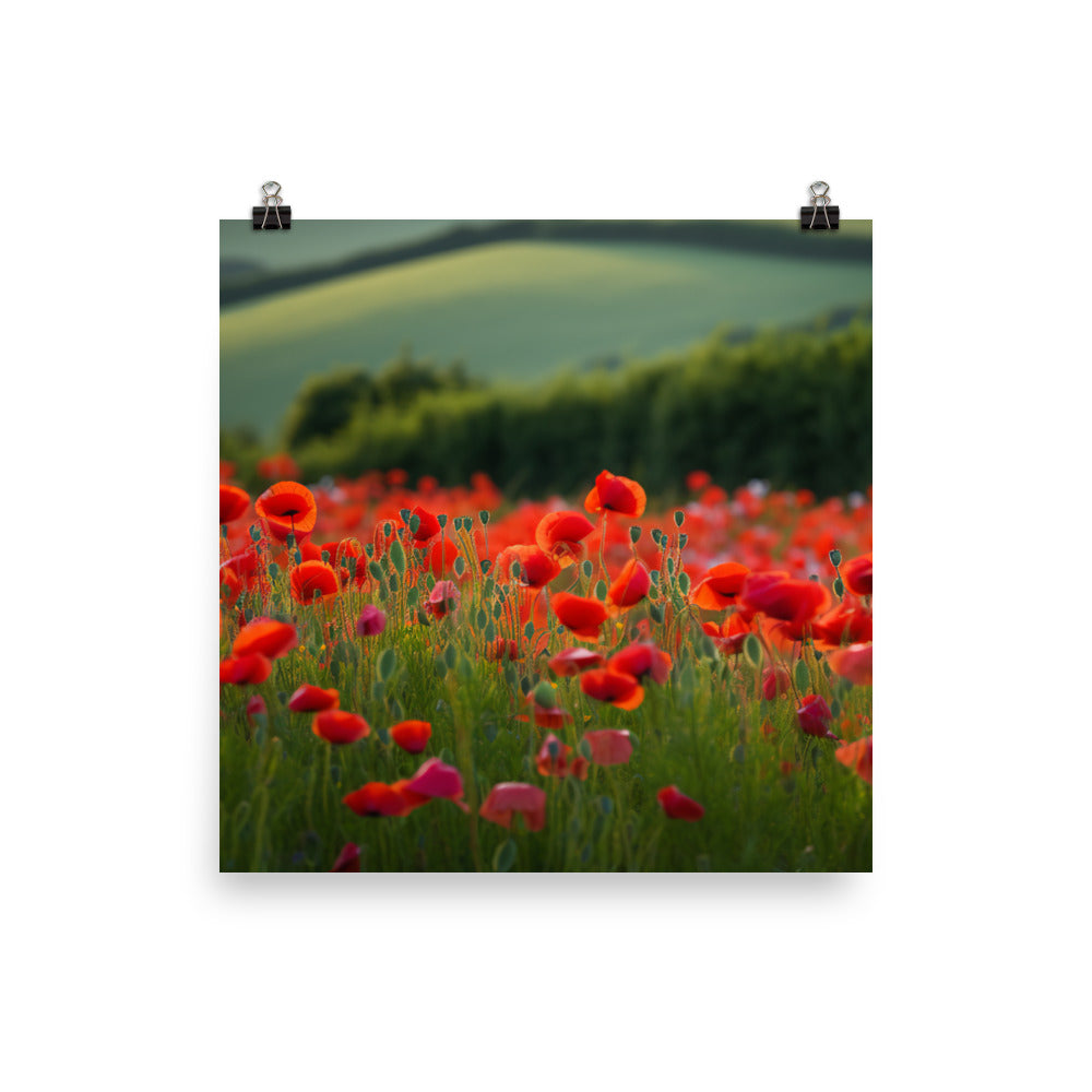 Capturing the beauty of Poppy fields at sunrise photo paper poster - Posterfy.AI