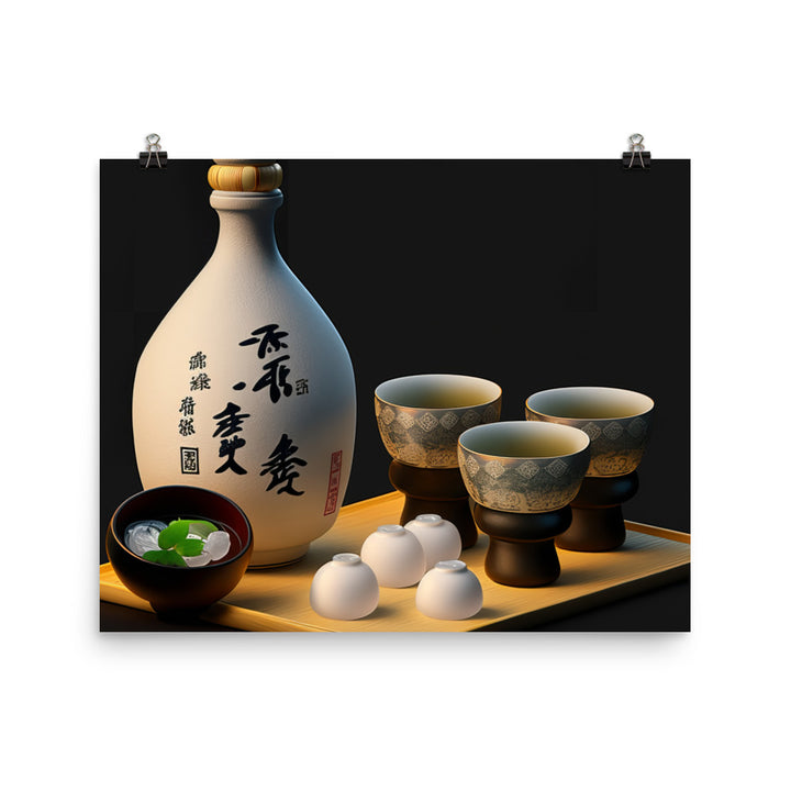 A traditional Japanese sake set with a tokkuri (sake bottle) and ochoko (sake-cups) photo paper poster - Posterfy.AI