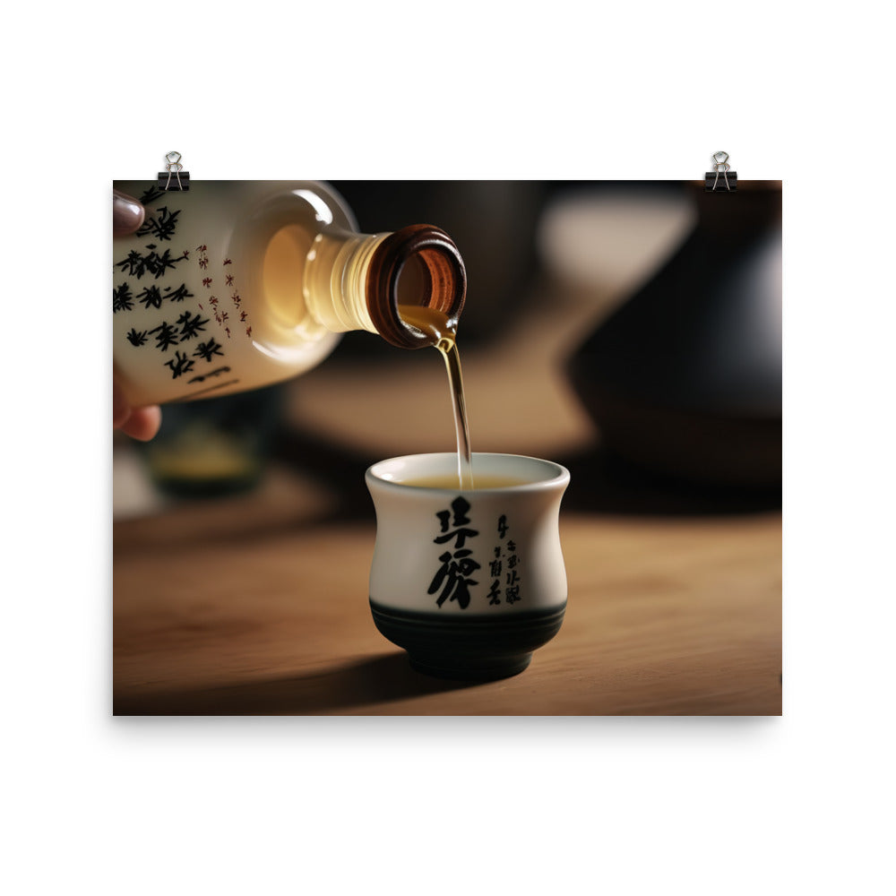 A Close-Up of a hand pouring hot sake photo paper poster - Posterfy.AI