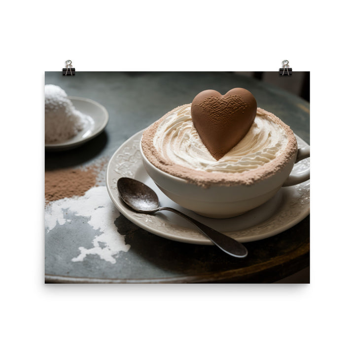 A frothy cappuccino, with a heart shaped foam design and a dusting of cocoa powder photo paper poster - Posterfy.AI