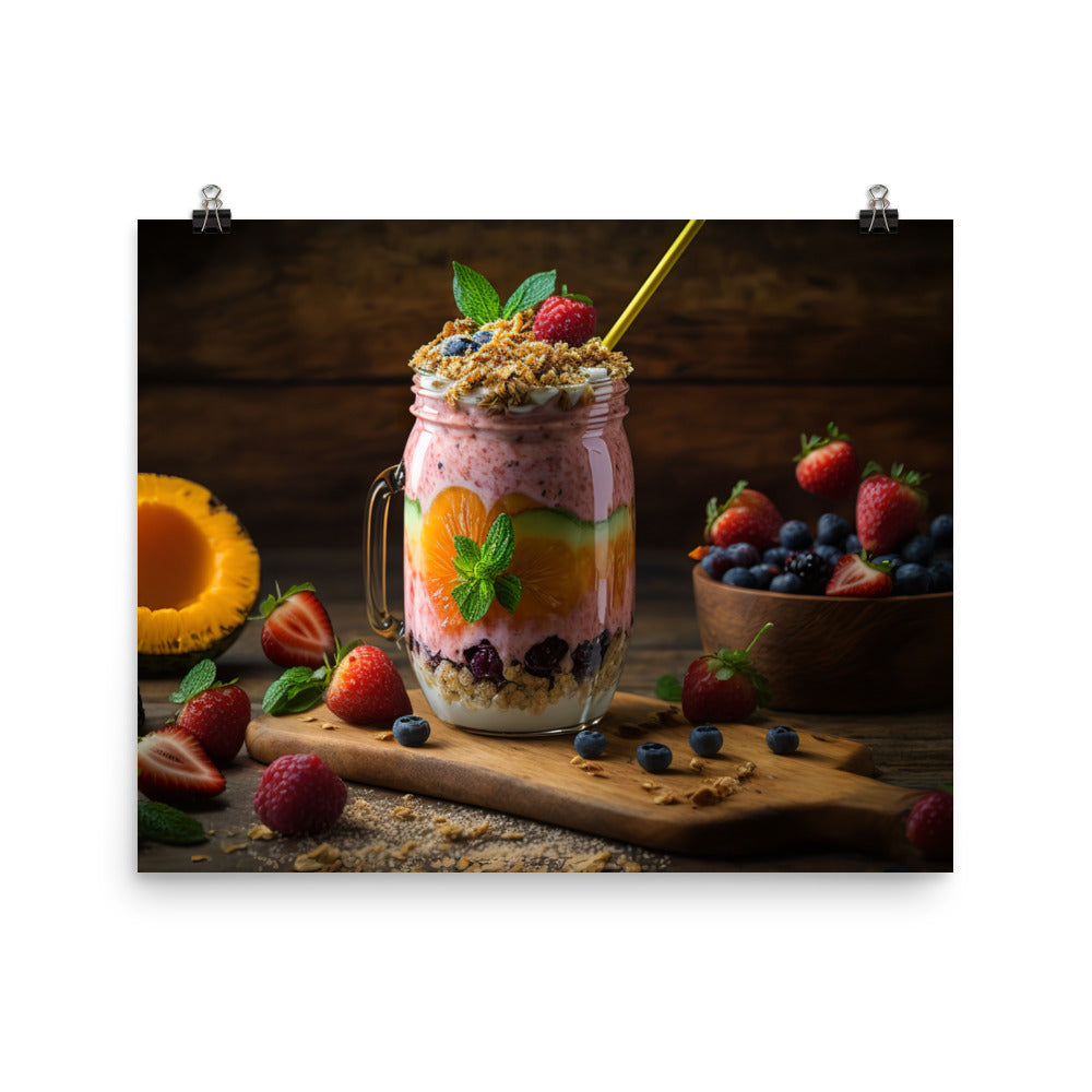 A colorful smoothie with layers of blended fruit and yogurt photo paper poster - Posterfy.AI