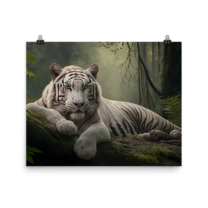 A majestic white tiger resting in a forest photo paper poster - Posterfy.AI