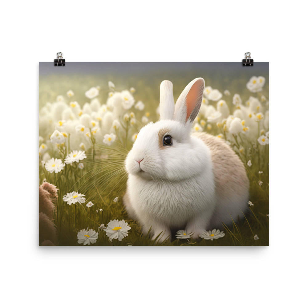 A fluffy white bunny in a field of flowers photo paper poster - Posterfy.AI