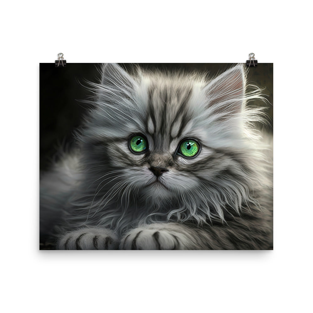 A fluffy gray kitten with bright green eyes photo paper poster - Posterfy.AI