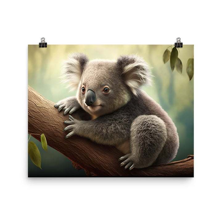 A majestic koala perched at the top of a tall eucalyptus tree photo paper poster - Posterfy.AI