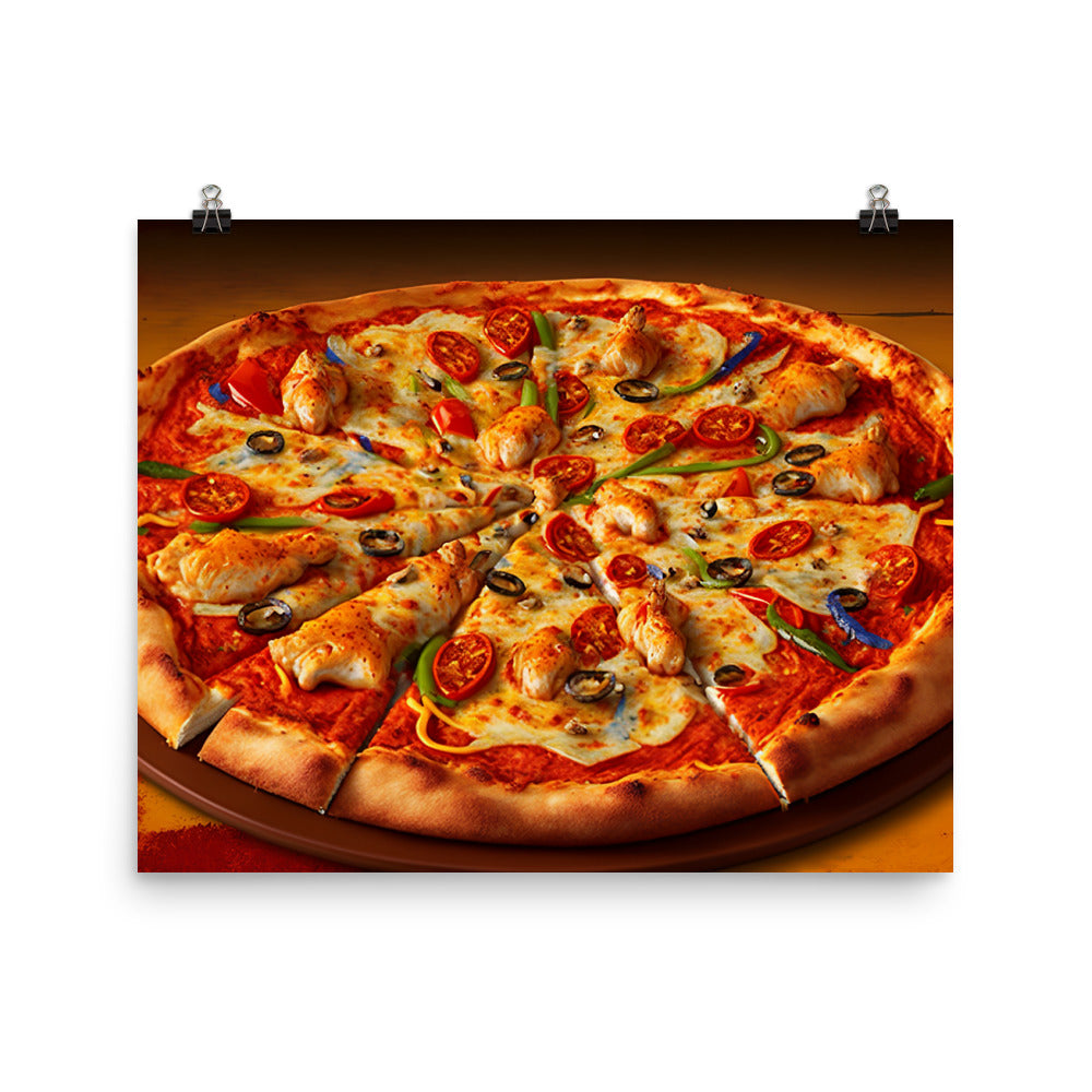 A spicy chicken pizza with chunks of tender chicken photo paper poster - Posterfy.AI