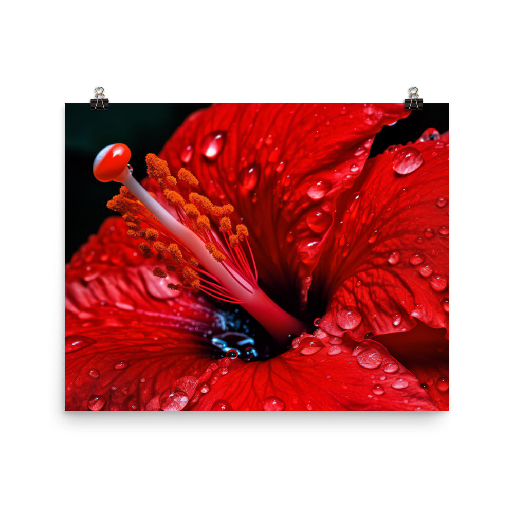 Close-Up of a Red Hibiscus with Dew Drops  photo paper poster - Posterfy.AI