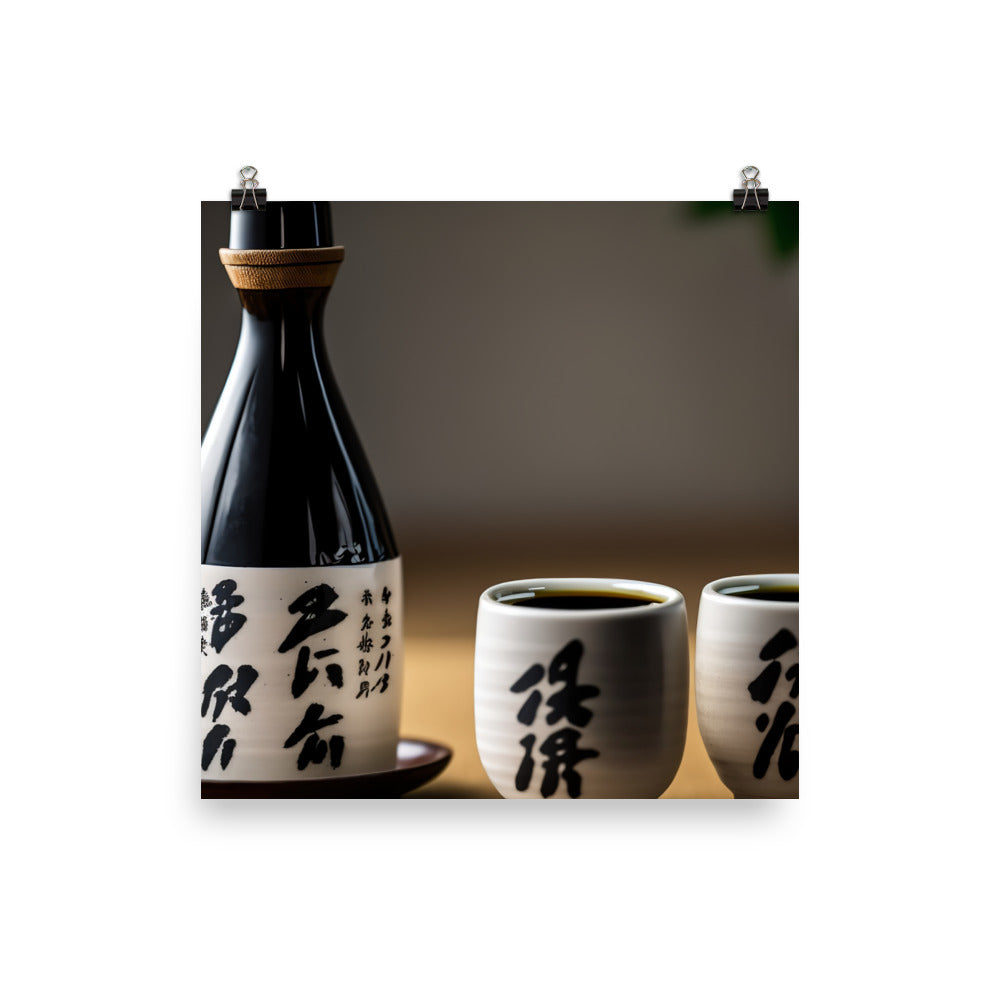 A simple yet elegant set of black and white ceramic sake cups next to a bottle of sake photo paper poster - Posterfy.AI