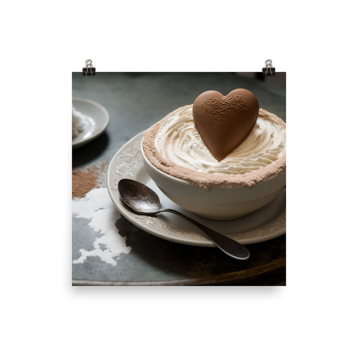 A frothy cappuccino, with a heart shaped foam design and a dusting of cocoa powder photo paper poster - Posterfy.AI