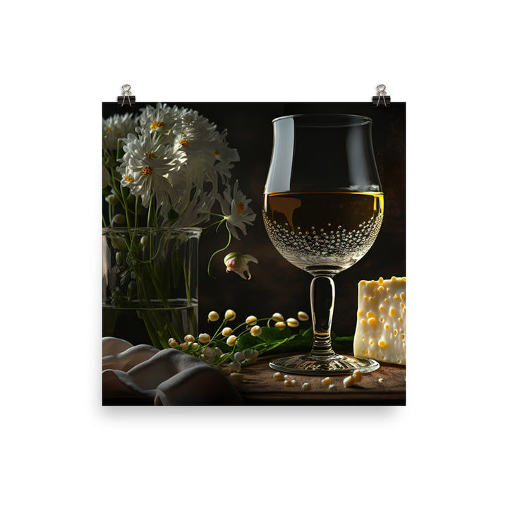 A chilled glass of white wine with beads of condensation on the outside photo paper poster - Posterfy.AI