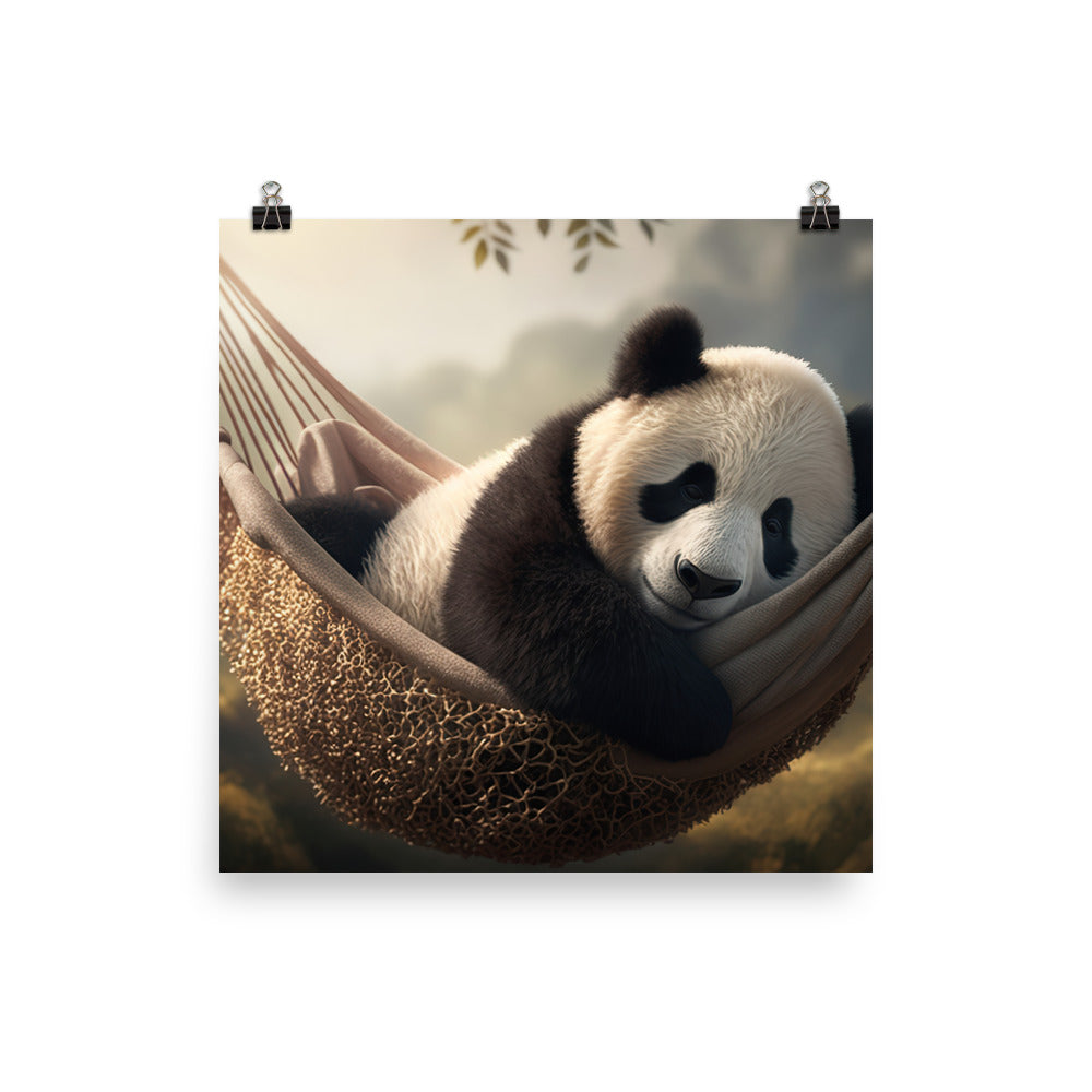A panda bear taking a nap in a cozy hammock strung between two trees photo paper poster - Posterfy.AI