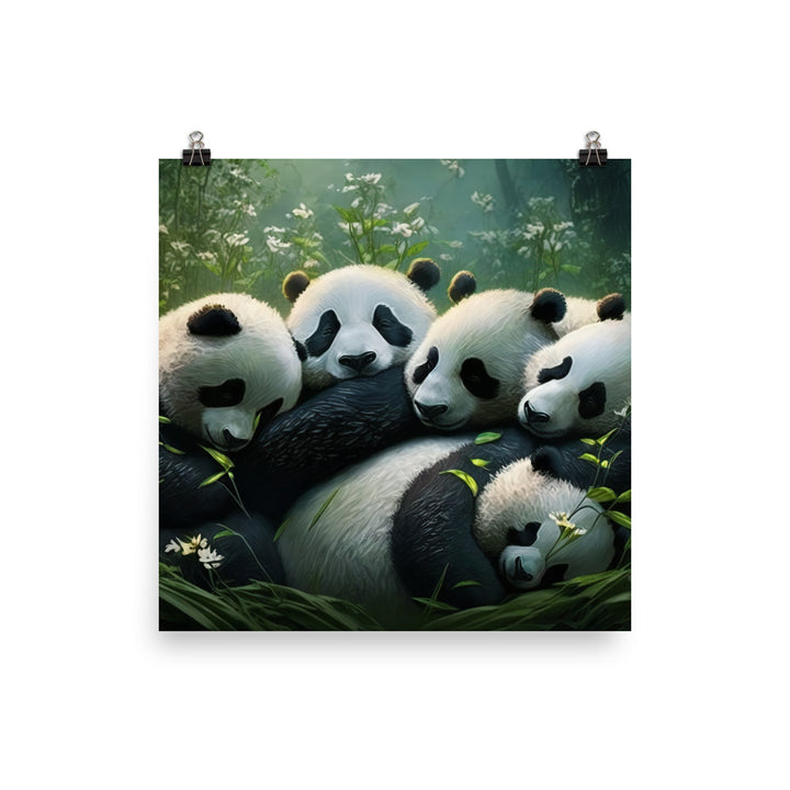 A group of panda bears cuddling together in a peaceful meadow photo paper poster - Posterfy.AI