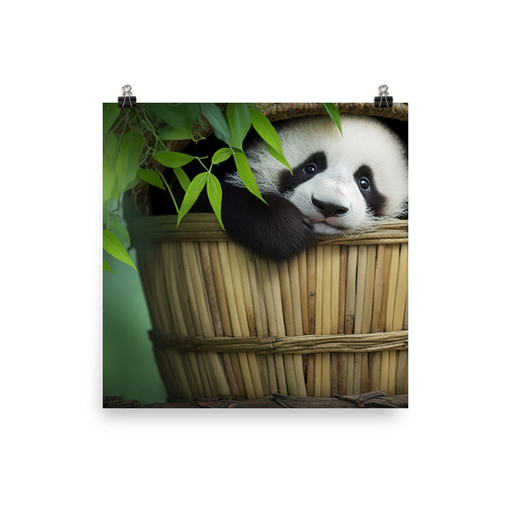 A cute panda cub peeking out from a basket full of bamboo photo paper poster - Posterfy.AI