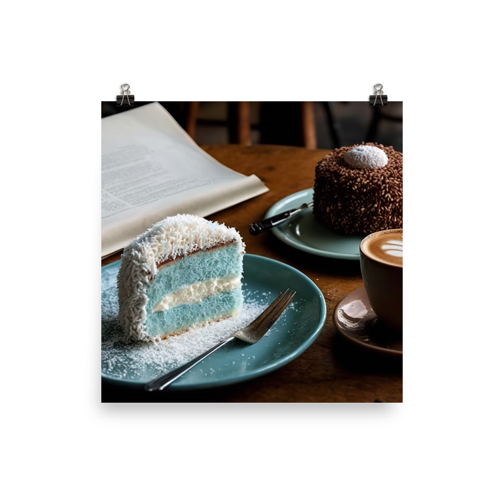 Coconut-covered cake paired with the smooth coffee photo paper poster - Posterfy.AI