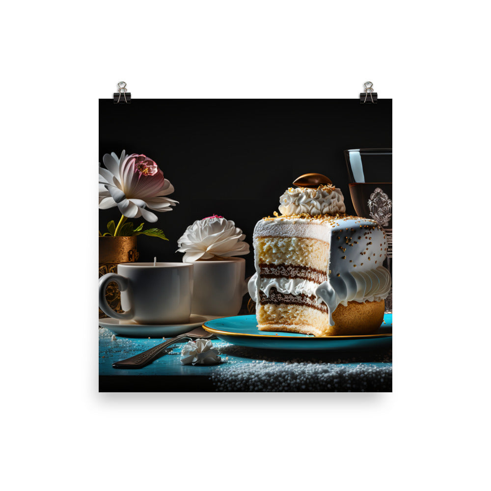 A Charming cafe with Delicious Coffee and Cake photo paper poster - Posterfy.AI