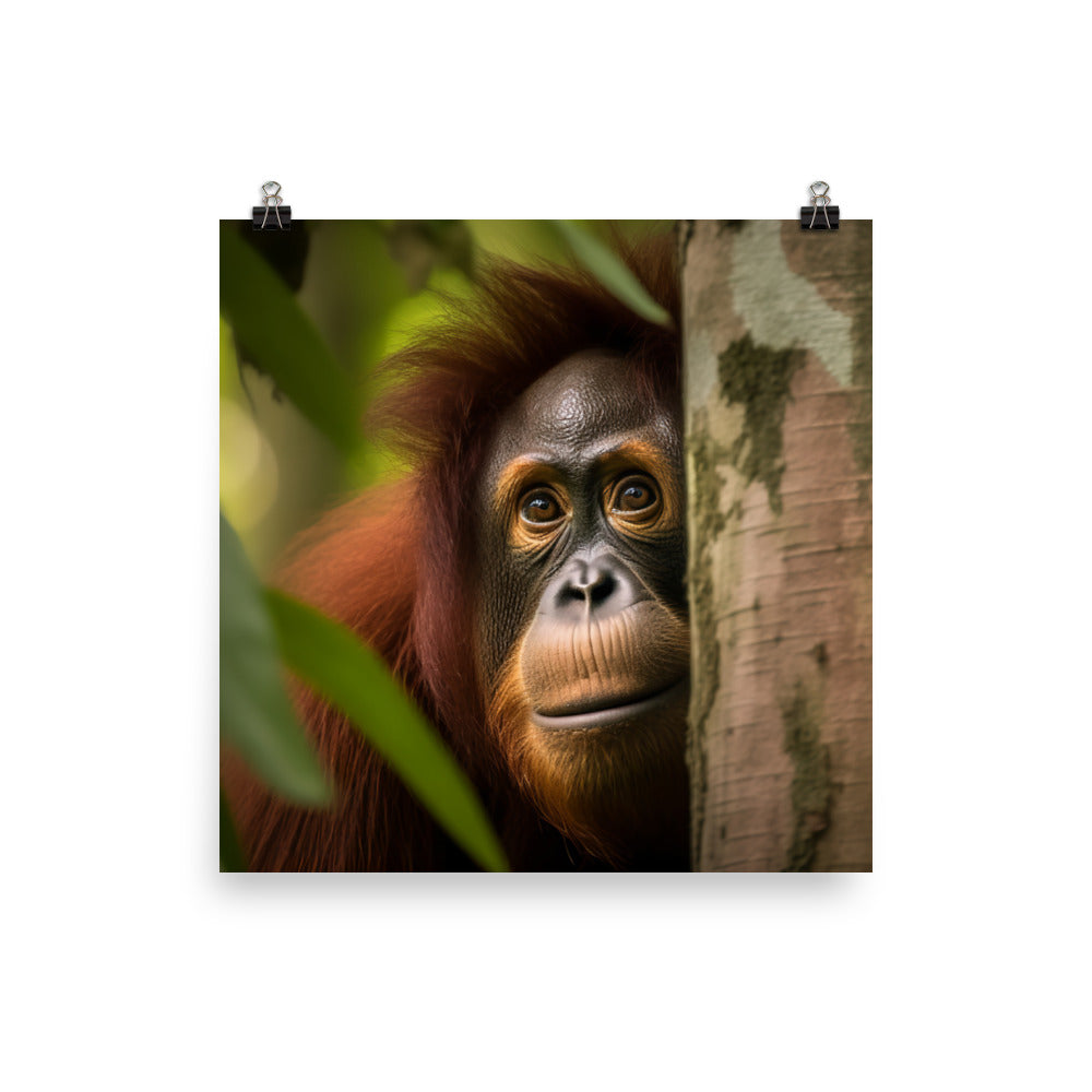 Inquisitive Orangutan Peeking from Behind Tree photo paper poster - Posterfy.AI