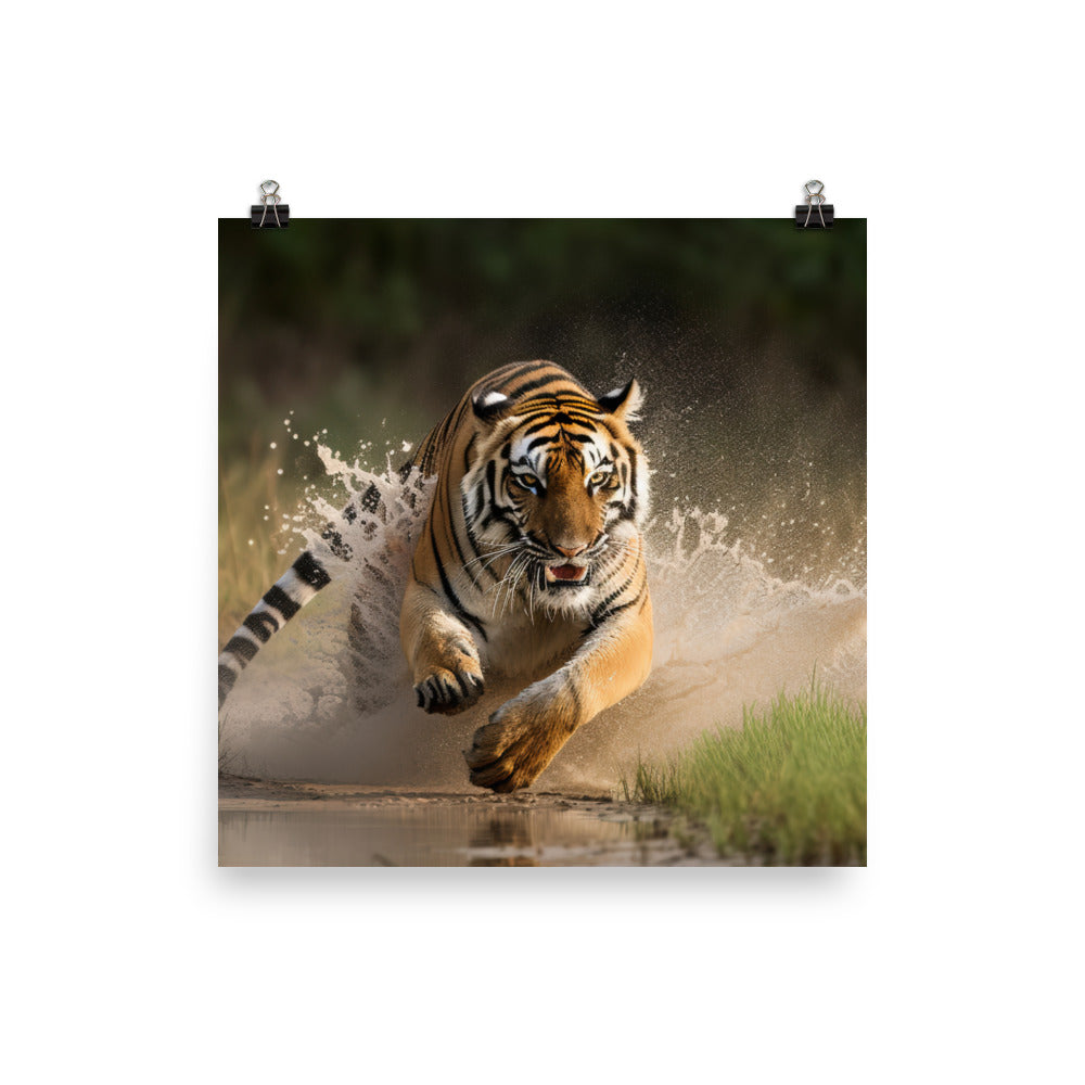 Bengal Tiger Pouncing on Prey photo paper poster - Posterfy.AI