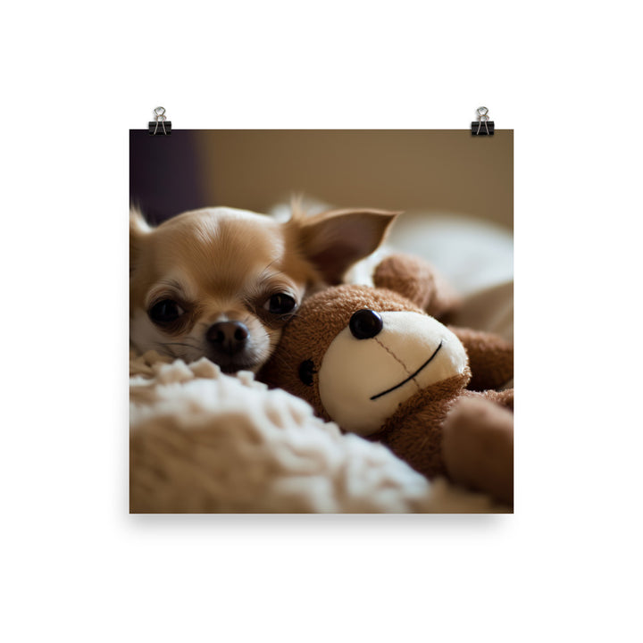 A Chihuahua snuggled up with a plush toy photo paper poster - Posterfy.AI