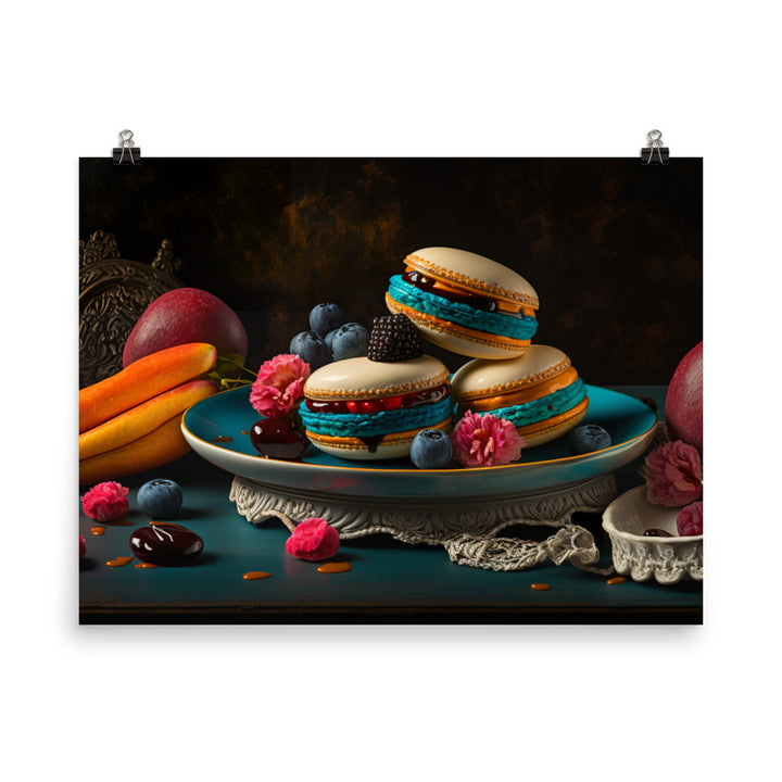 Colorful french macarons on plate photo paper poster - Posterfy.AI