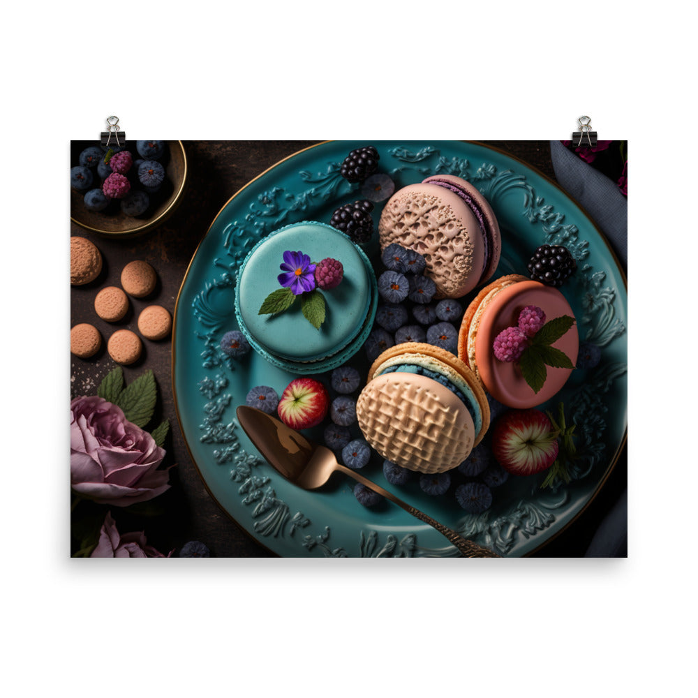 Colorful french macarons on plate photo paper poster - Posterfy.AI