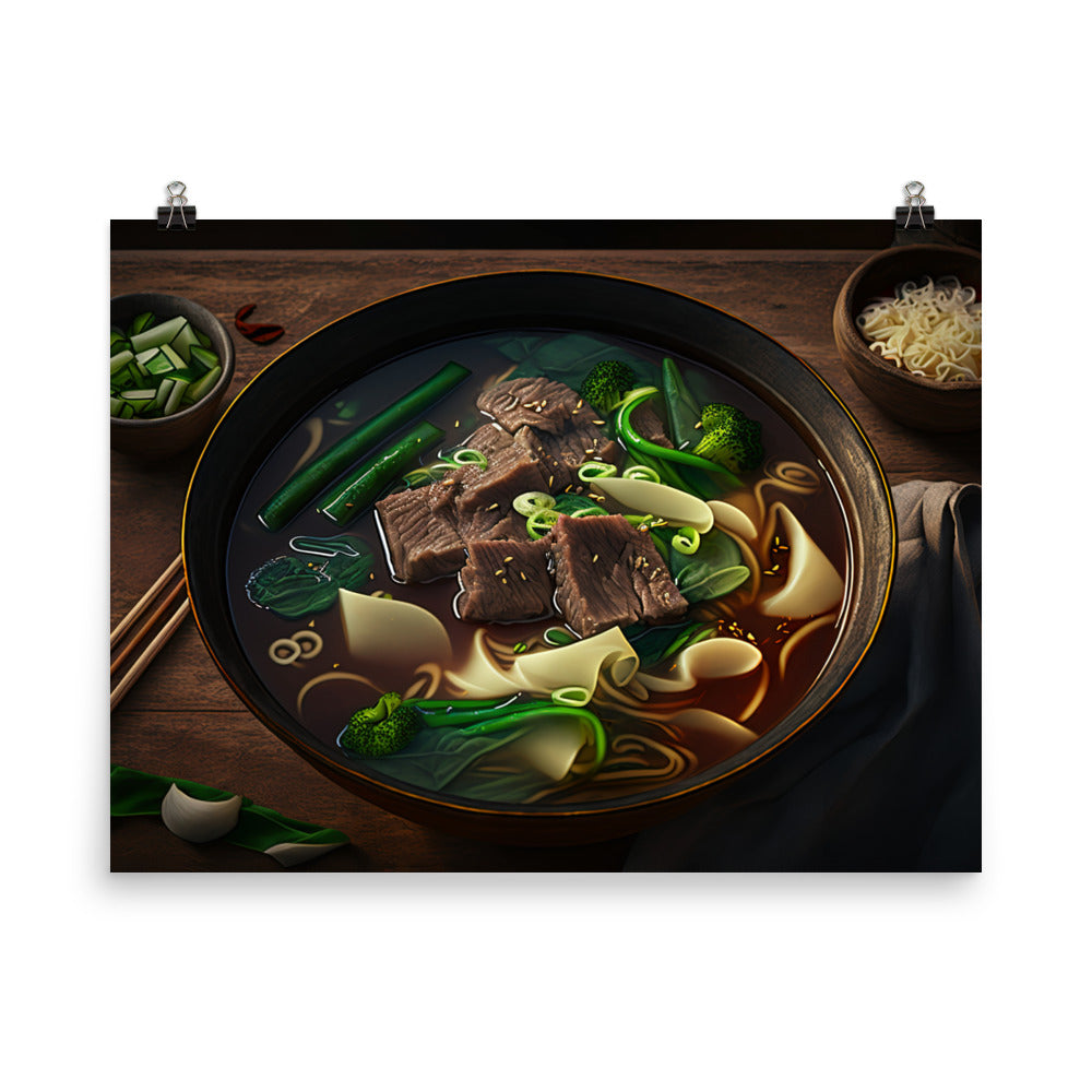 A steaming hot bowl of beef noodle soup 红燒牛肉麵 photo paper poster - Posterfy.AI