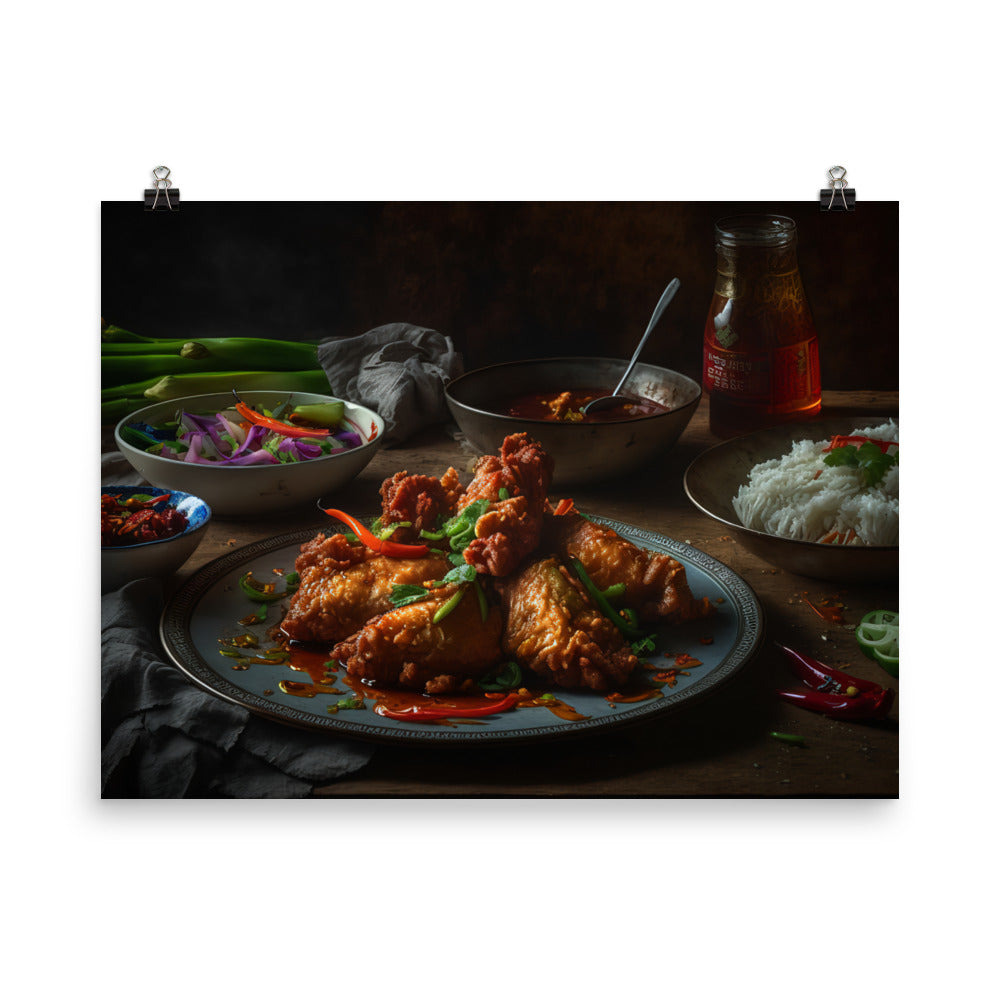 A plate of crispy and juicy fried chicken photo paper poster - Posterfy.AI