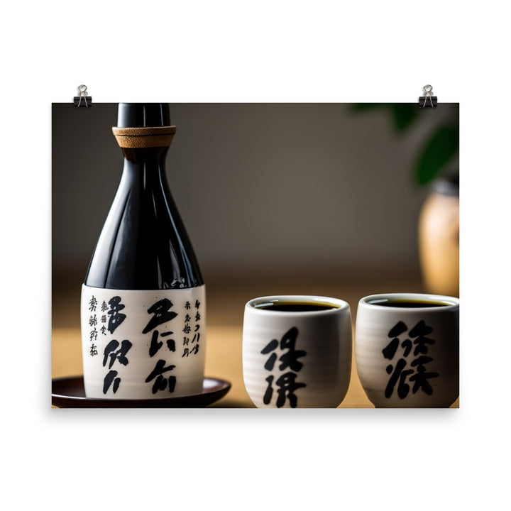 A simple yet elegant set of black and white ceramic sake cups next to a bottle of sake photo paper poster - Posterfy.AI