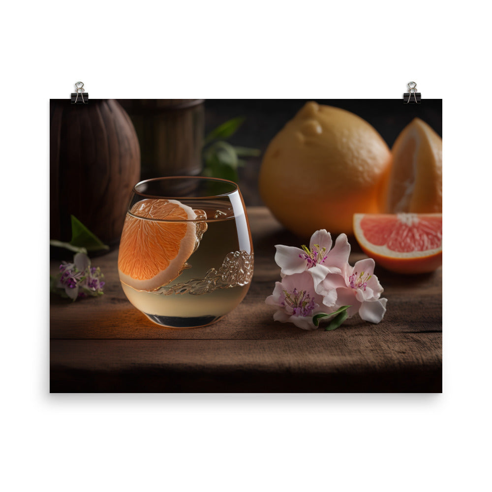 A side view of a clear glass of junmai ginjo sake with a floral aroma photo paper poster - Posterfy.AI