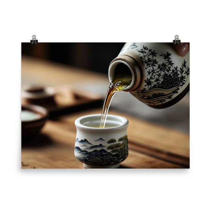 A Close-Up of a hand pouring hot sake photo paper poster - Posterfy.AI