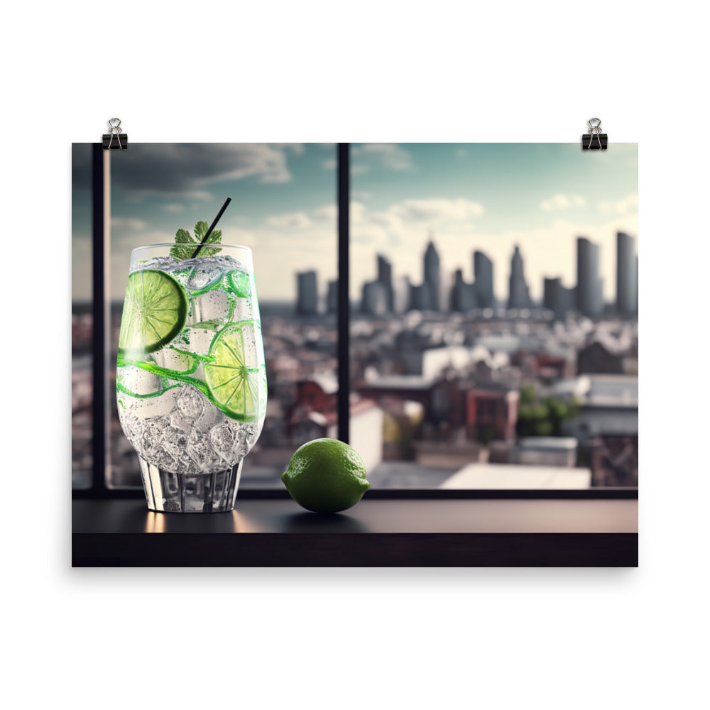 A refreshing gin and tonic with a slice of lime photo paper poster - Posterfy.AI