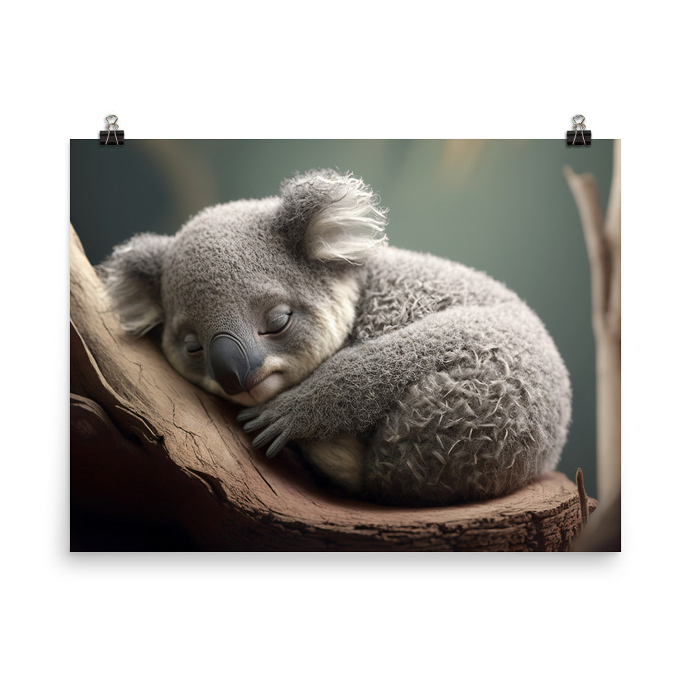 A sleepy baby koala curled up in a tree photo paper poster - Posterfy.AI