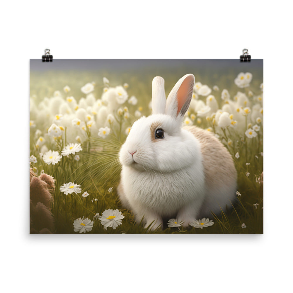 A fluffy white bunny in a field of flowers photo paper poster - Posterfy.AI