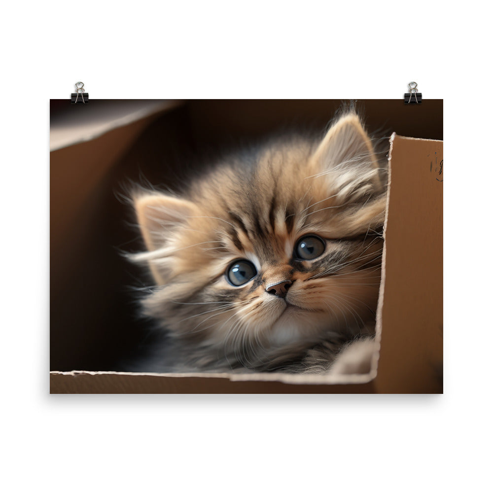 A fluffy kitten peering curiously out of a small cardboard box photo paper poster - Posterfy.AI