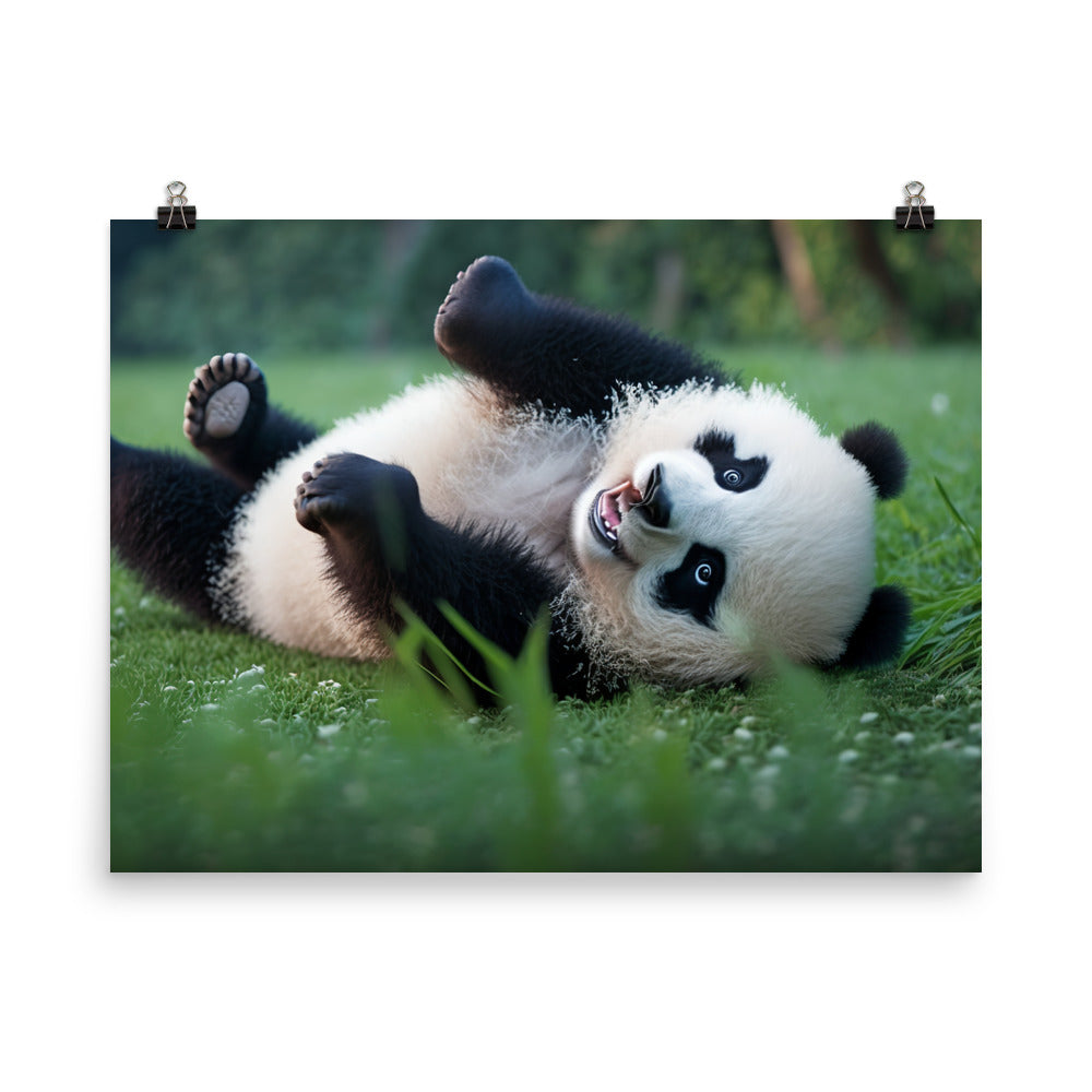 A playful panda bear rolling around in the grass photo paper poster - Posterfy.AI