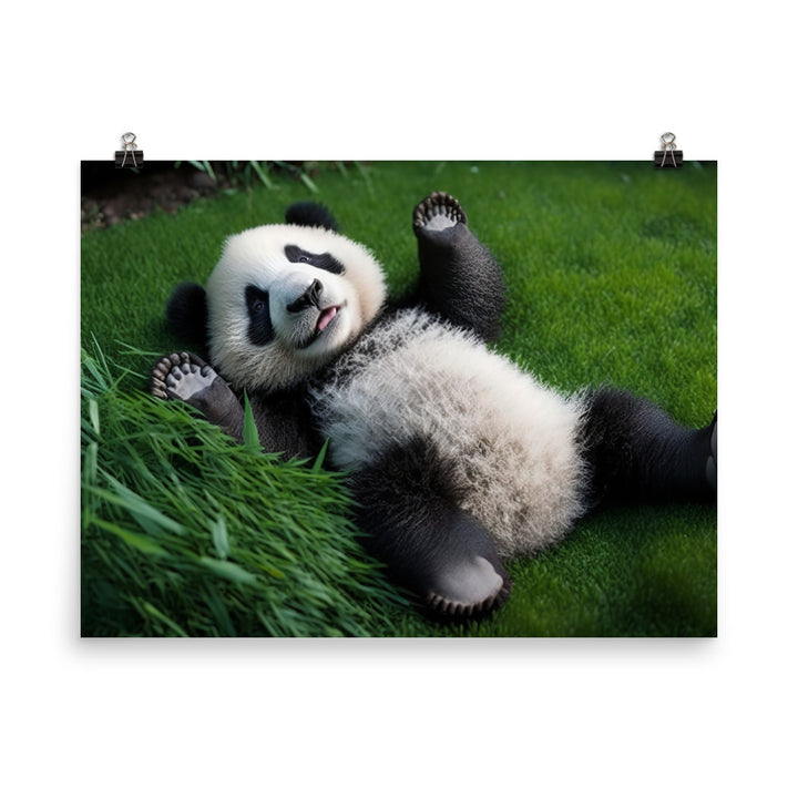 A playful panda bear rolling around in the grass photo paper poster - Posterfy.AI