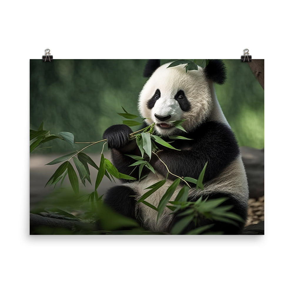 A cute panda bear enjoying a feast of bamboo leaves photo paper poster - Posterfy.AI