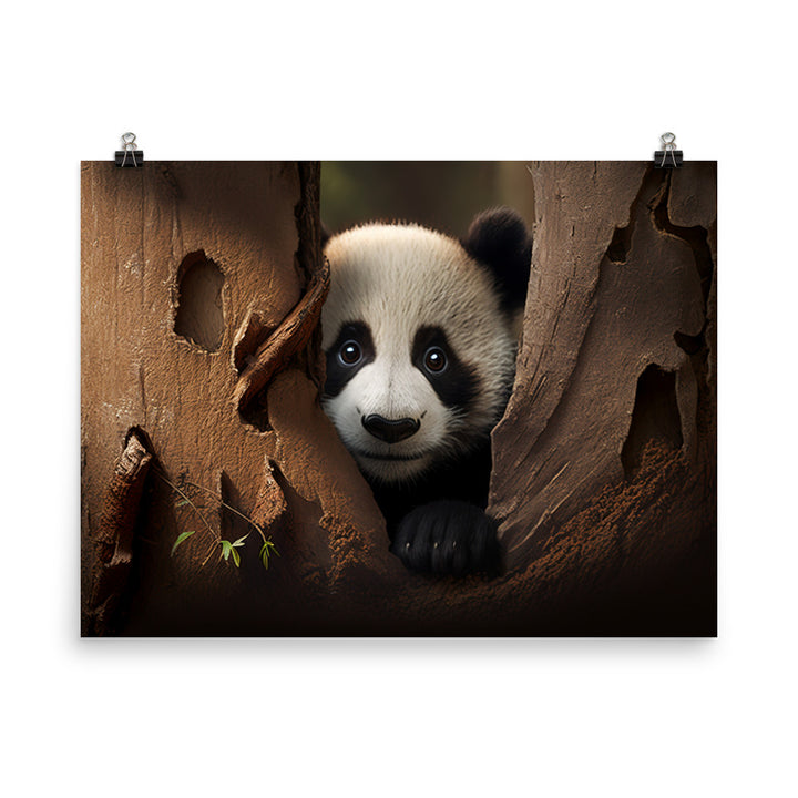 A curious panda bear peeking out from behind a tree trunk photo paper poster - Posterfy.AI