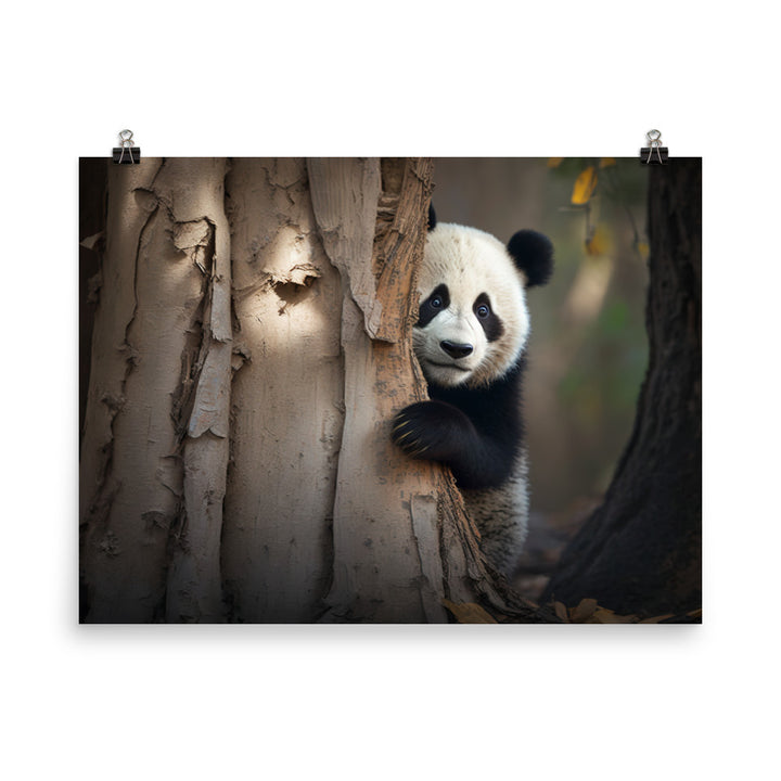 A curious panda bear peeking out from behind a tree trunk photo paper poster - Posterfy.AI