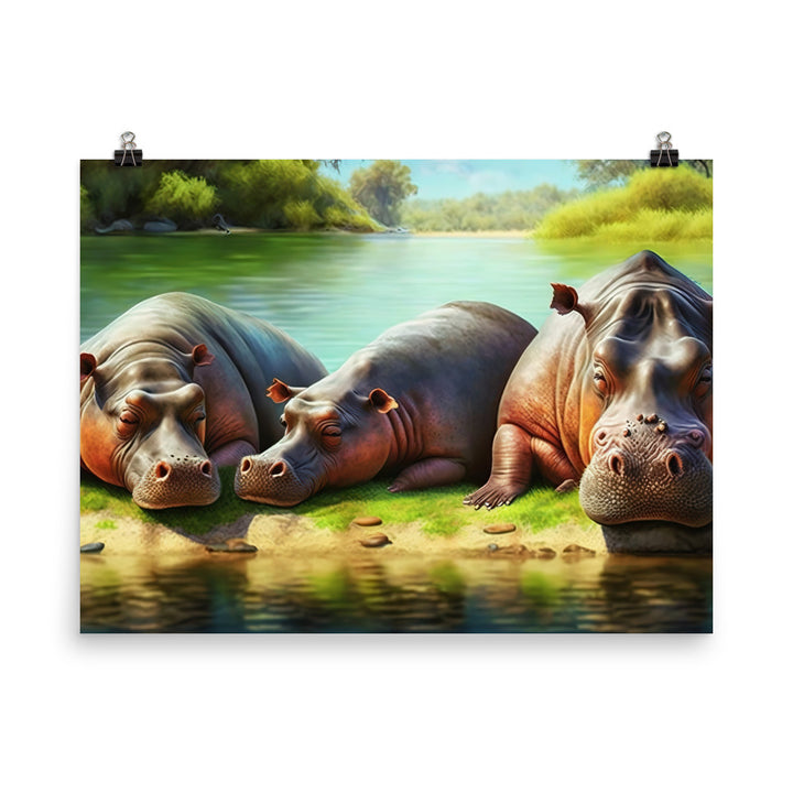 A hippo family sunbathing on the banks of a river photo paper poster - Posterfy.AI