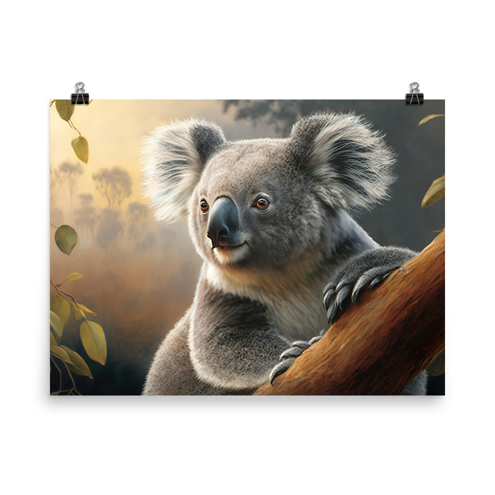 A majestic koala perched at the top of a tall eucalyptus tree photo paper poster - Posterfy.AI