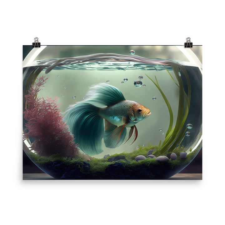 A solitary betta fish in a beautifully decorated aquarium bowl photo paper poster - Posterfy.AI