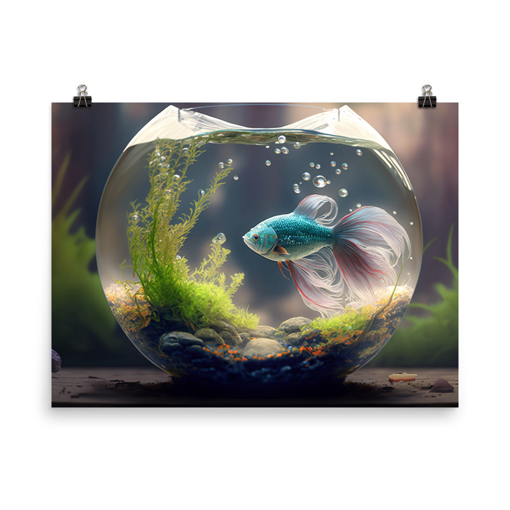 A solitary betta fish in a beautifully decorated aquarium bowl photo paper poster - Posterfy.AI