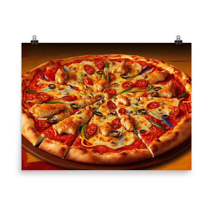 A spicy chicken pizza with chunks of tender chicken photo paper poster - Posterfy.AI